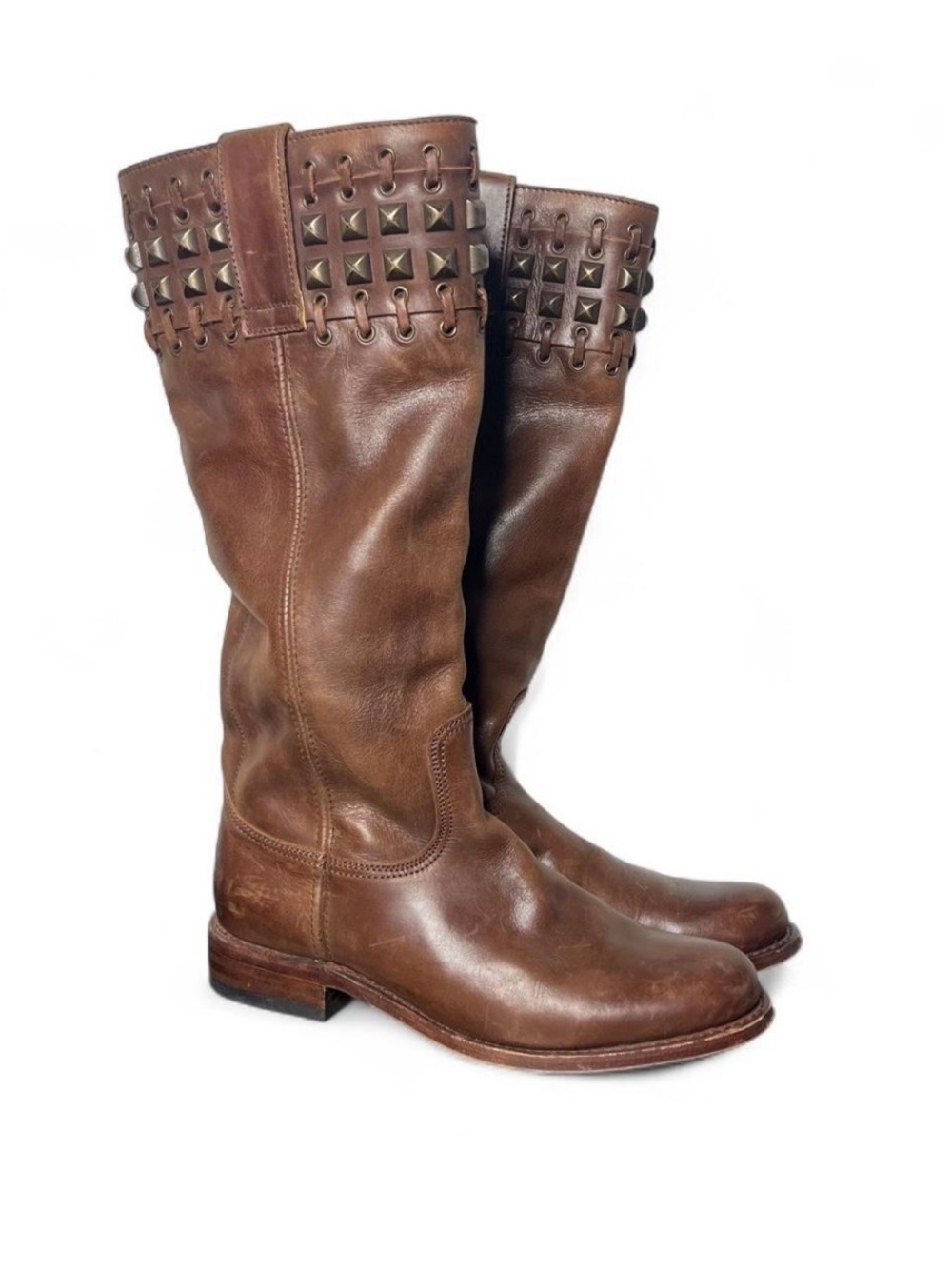 Sendra 9177 Brown Leather Studded Pull On Tall Riding Boots Size 7.5